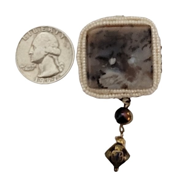 Glass White Bead Square Moss Agate Asian Bead Dangle Brooch K893 - Picture 8 of 9